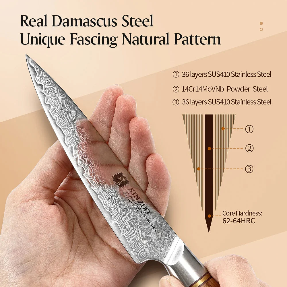 XINZUO 1-8pcs Kitchen Knife Set 73 Layers Custom Damascus Steel  with Olive Wood Handle