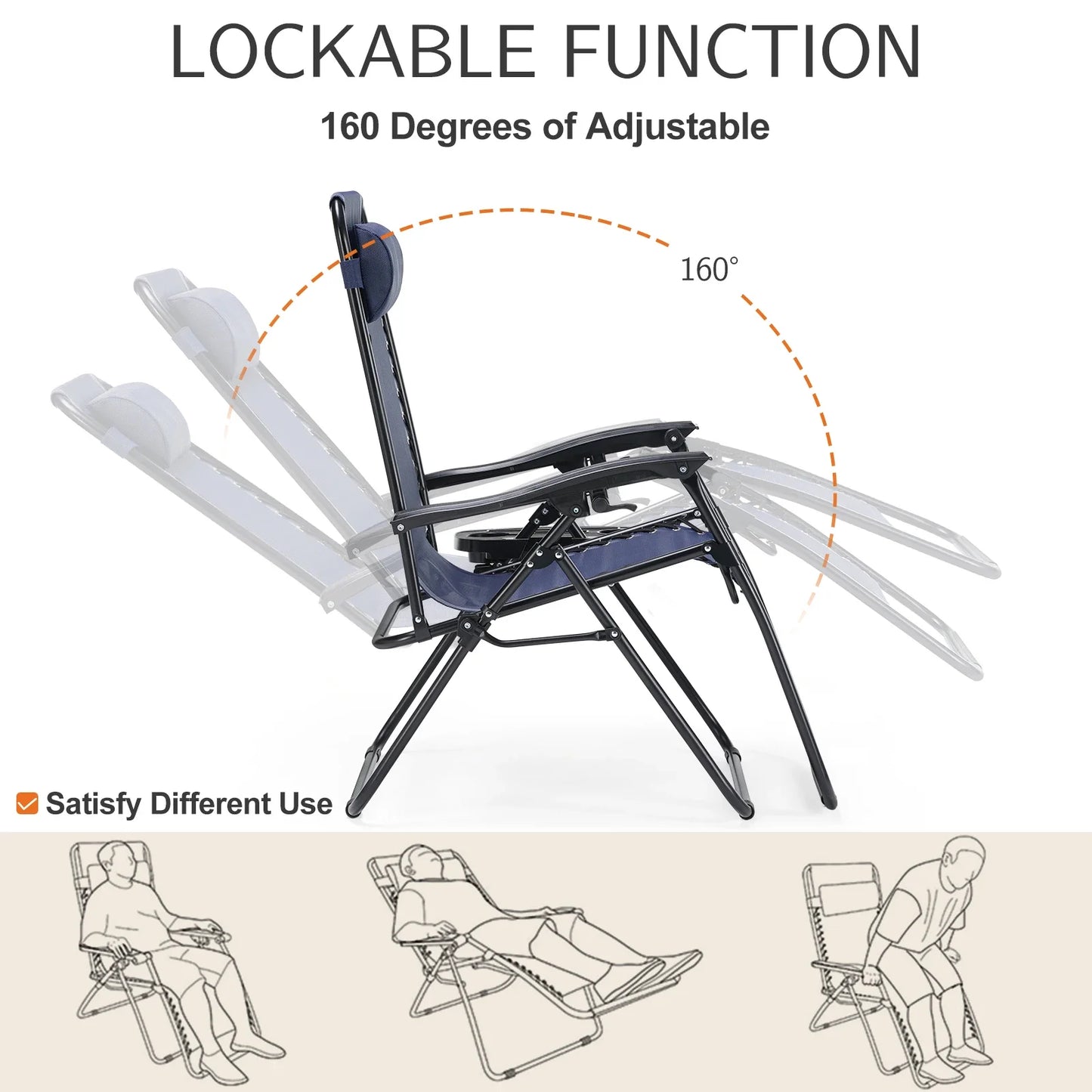 JHK Zero Gravity Set of 2 Portable Recliner  Outdoor Garden Lounge Chair with Cup Holder
