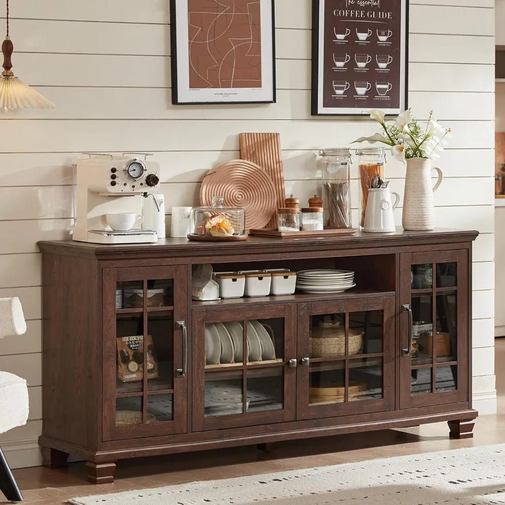 Large Sideboard Buffet Cabinet with Storage, Vintage Farmhouse Cabinets with Glass Doors