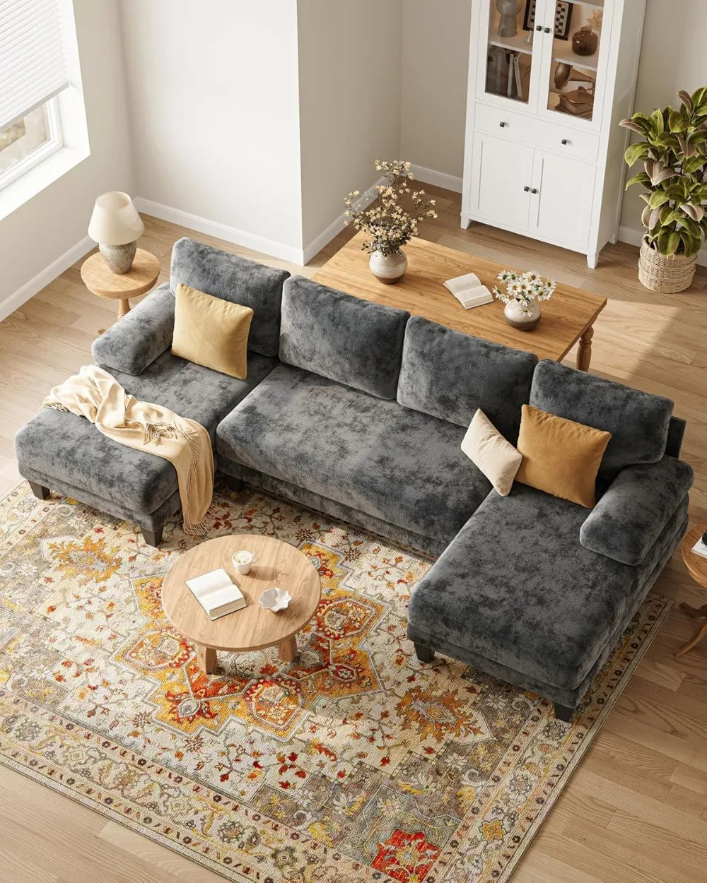 112 Inch U-Shaped Sectional Sofa, Dark Grey Chenille Fabric, Double Chaise for Living Room