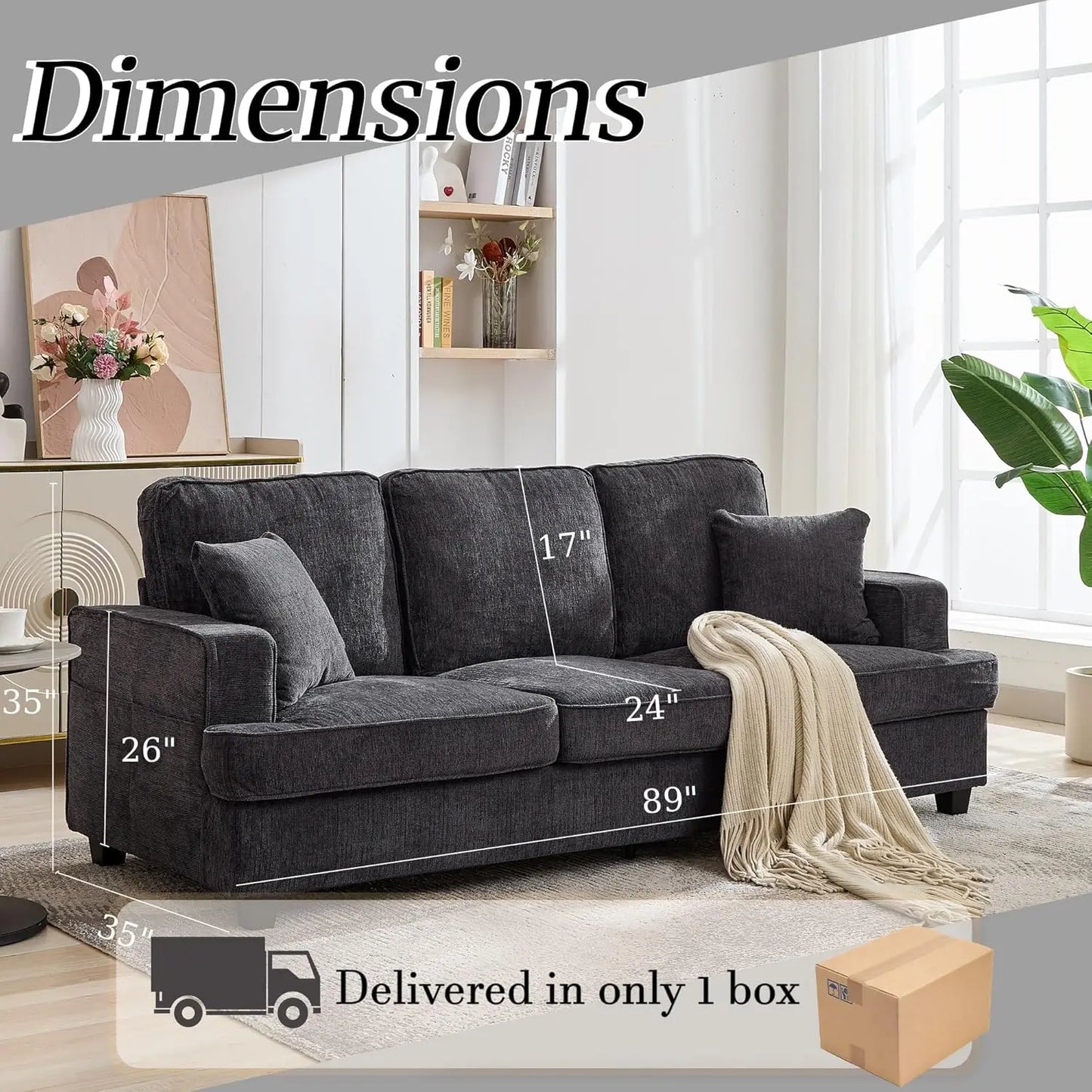 89 inch Cloud Couch Sofa in Chenile with Extra Comfy Soft Deep Seats, Modern 3 Seater