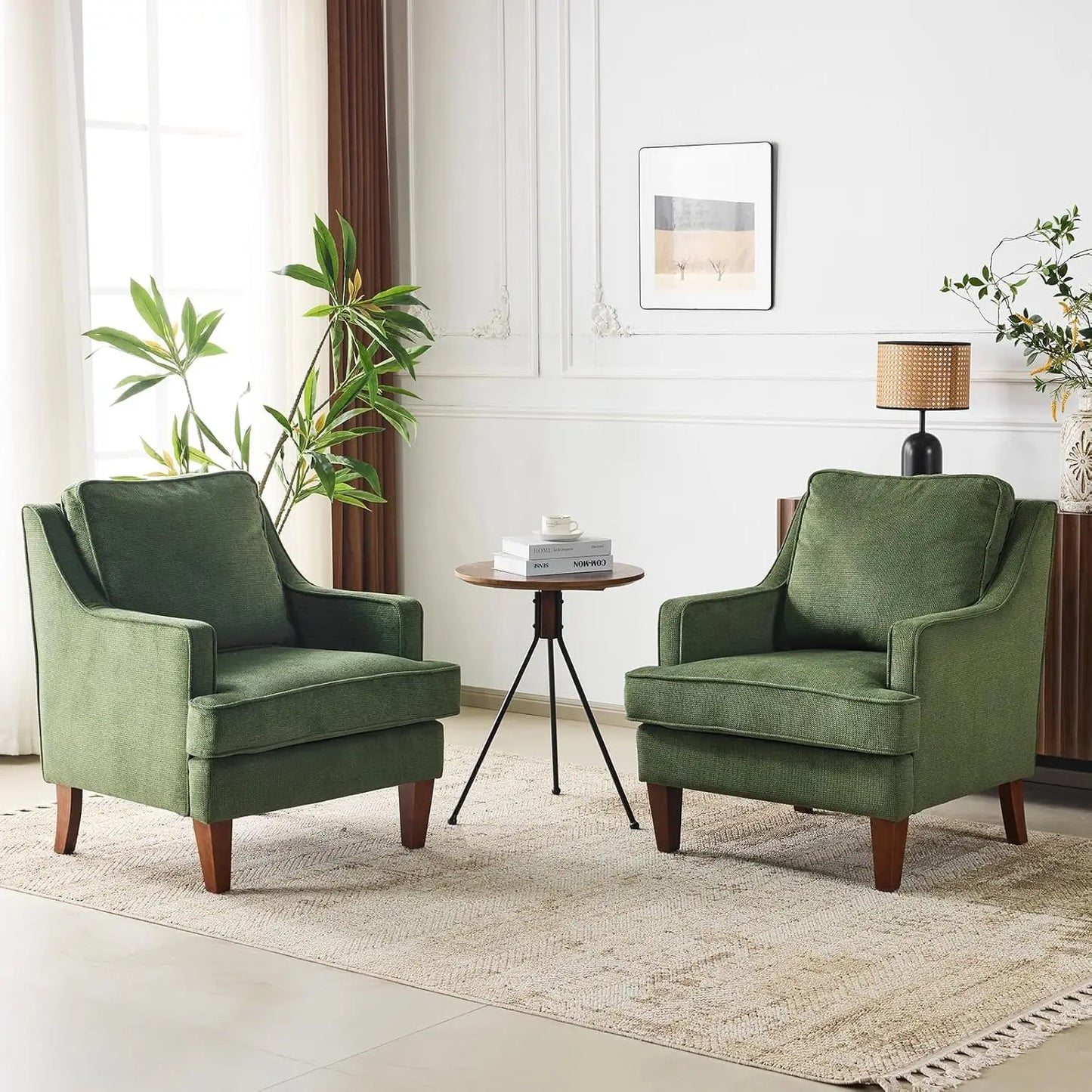 Mid-Century Modern Accent Chairs Set of 2, Light Brown Upholstered Armchair