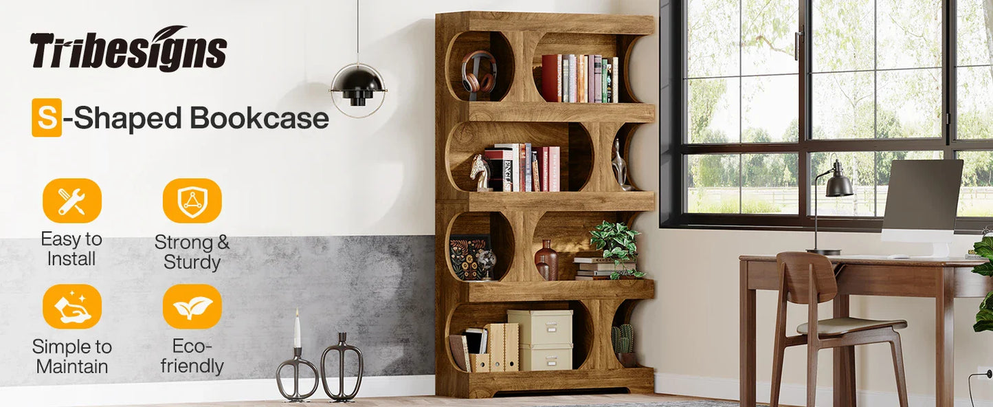Tribesigns 71" Tall Bookcase, 4-Tier S-Shaped Bookshelf, Wood Modern Freestanding Display Shelves