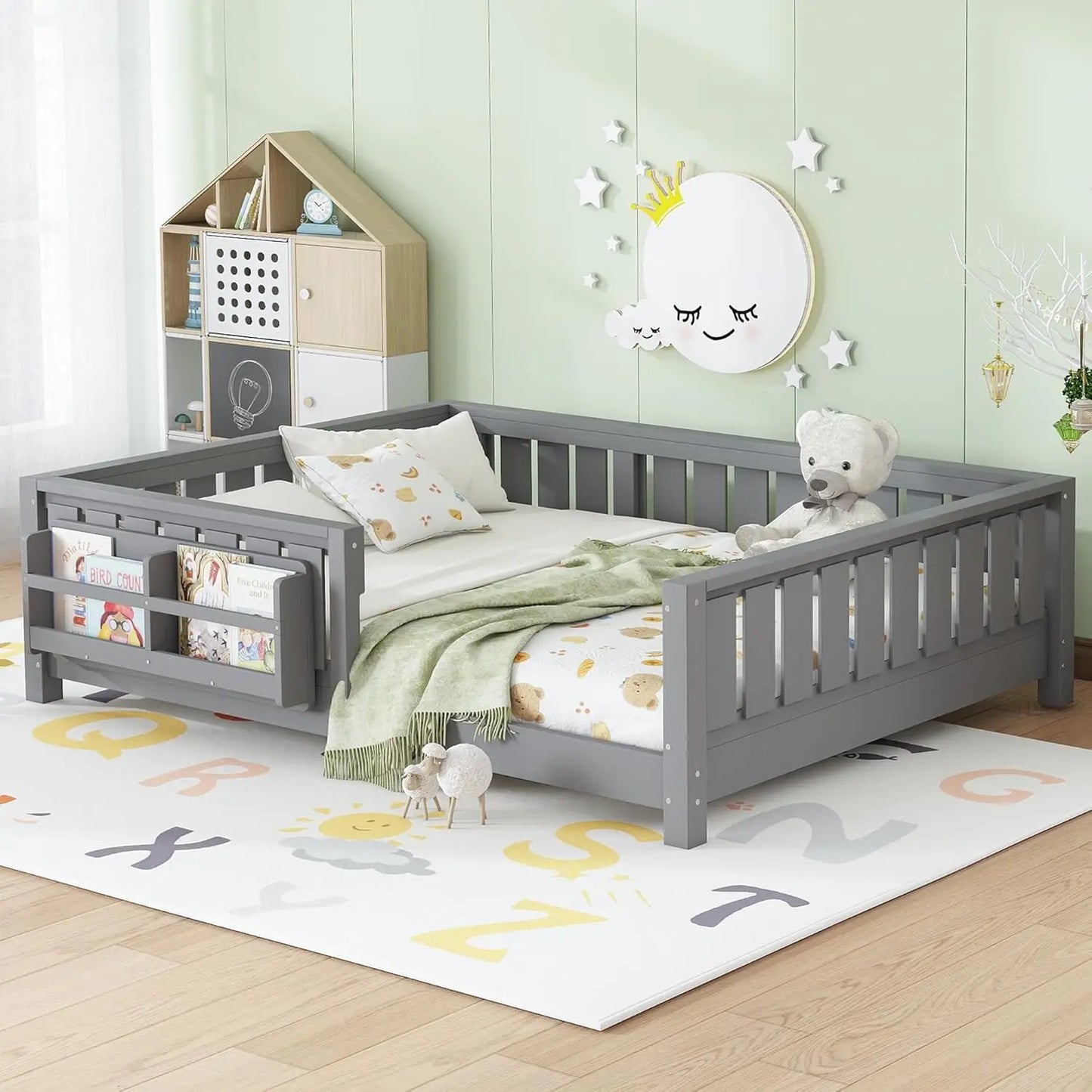 Full Size Kids Montessori Bed Frame with Stairs Bookshelf Drawers Storage Low Profile, 6 different finishes^








differeny