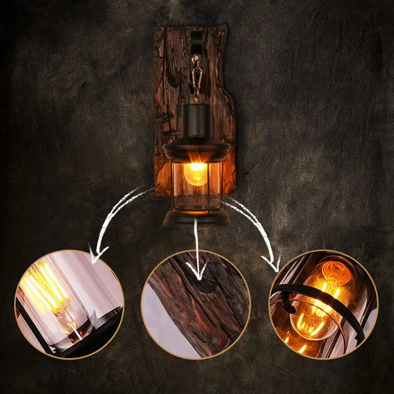 Antique New Style Industrial Wood Wall Sconce Light