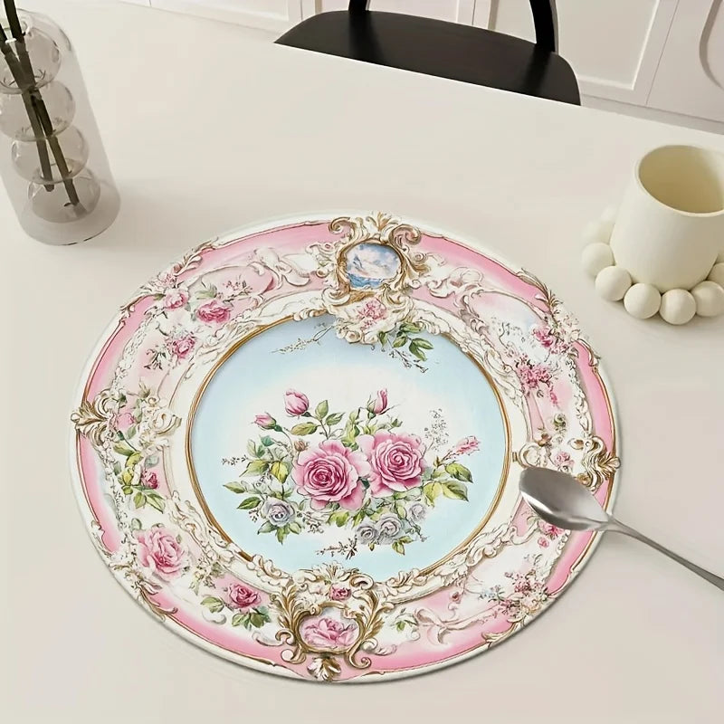 VIKAMA 4PC European Rose Meal Mat Light Blue Bottom Pink Round Table Decoration and Accessories