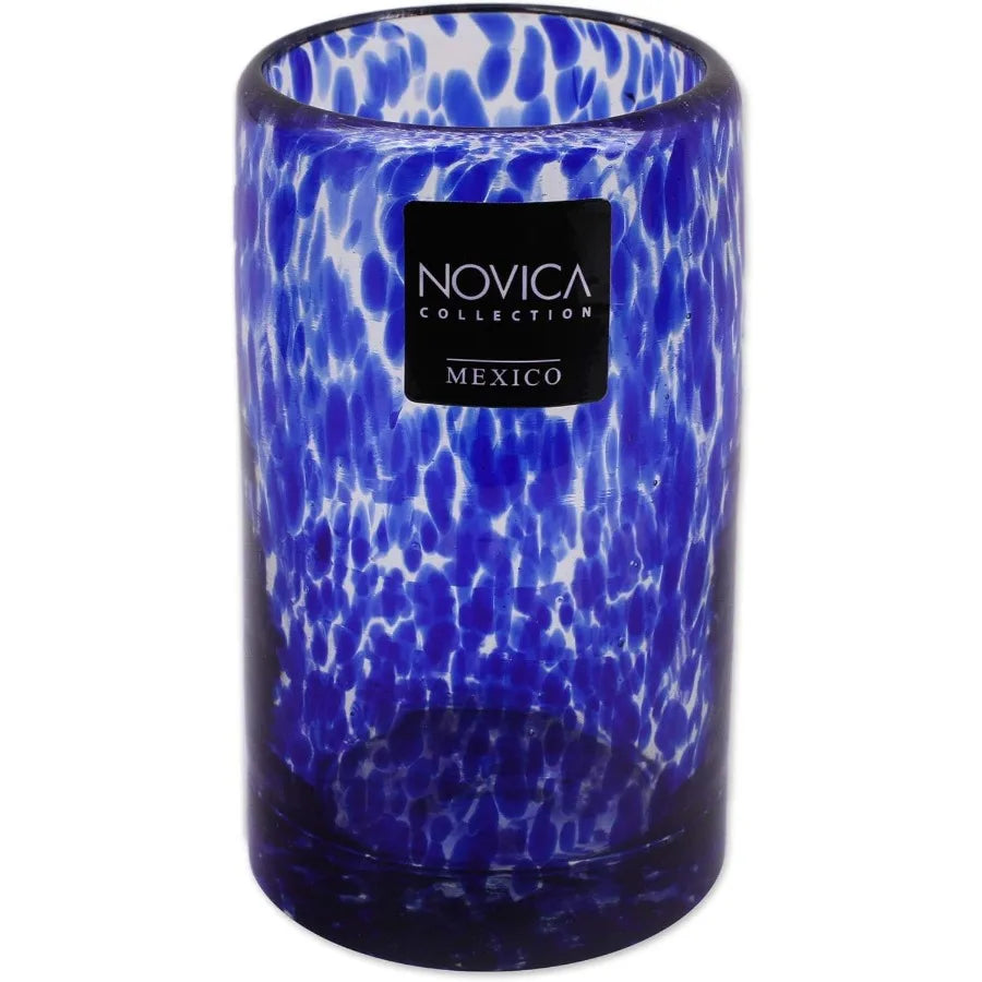 Hand Blown Blue Confetti Recycled Glasses 5 Oz 'Marine' Set Of 6