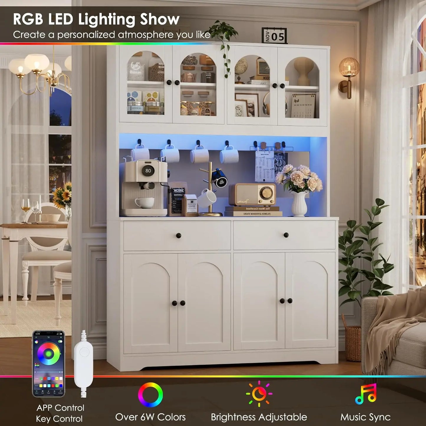 71" LED Kitchen Pantry Cabinet with Power Outlet, with Arched Door & Shelves