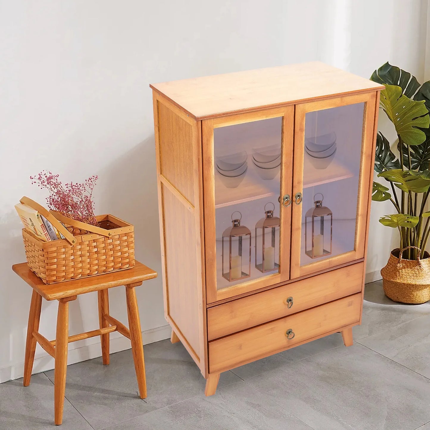 Vintage Style Kitchen Storage Cabinet, 2-Tier Bamboo Sideboard with Smooth Drawers for Kitchen and Dining Area