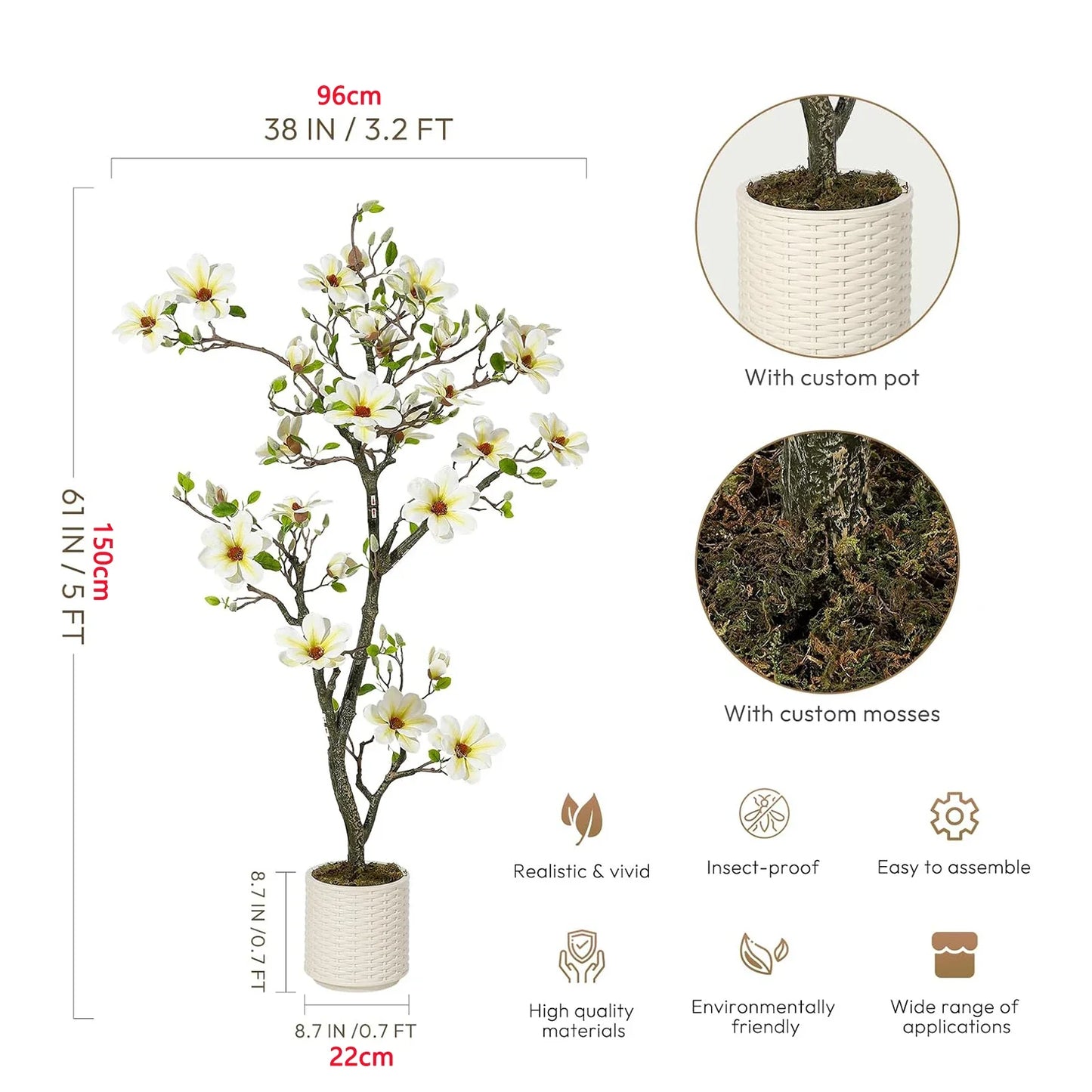 Artificial Magnolia Plant Faux Flower Trees  with LED Light for Yard Patio Home