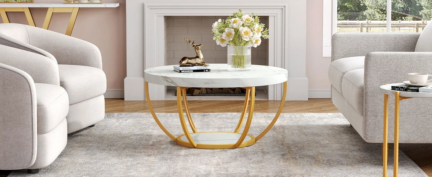 32" Circle Marble Coffee Tables, 2-Tier Golden Metal Legs