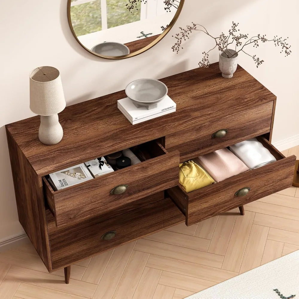 Walnut Brown Dresser  6 Drawer with Wide Drawers and Metal Knob