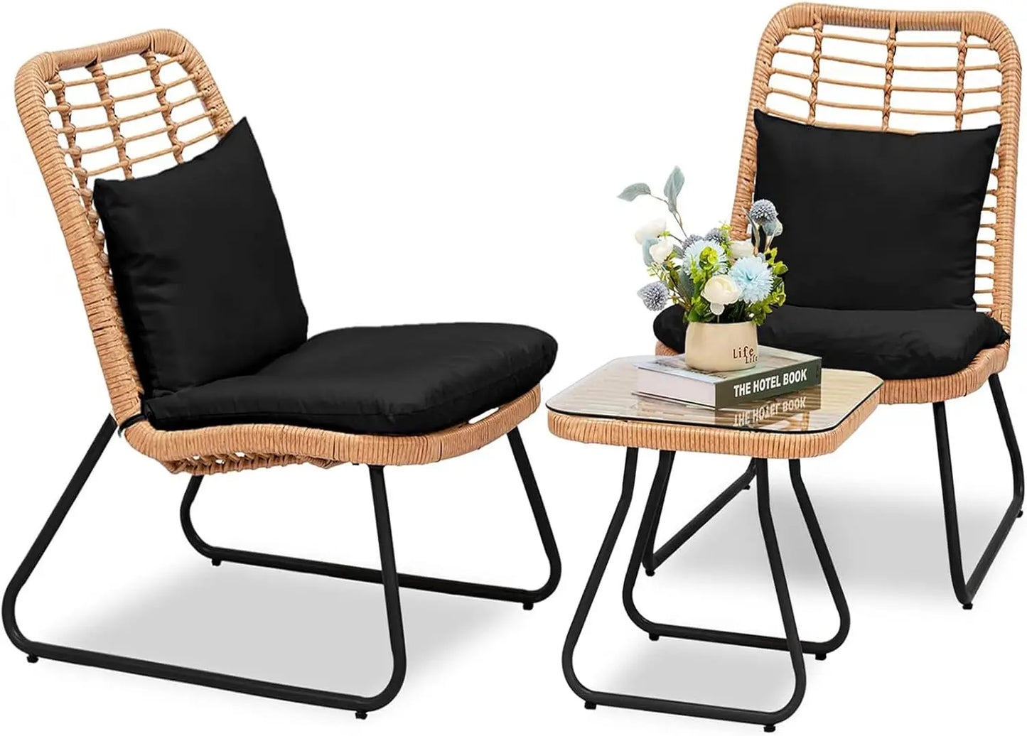 3 Piece Outdoor Wicker Bistro Set,  w/2 Large Rattan Chairs and Tempered Glass Table, Patio Furniture