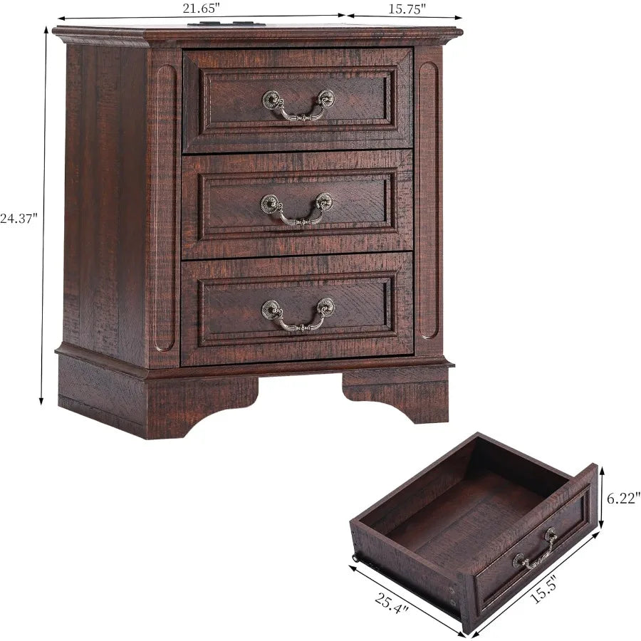 Nightstand with Charging Station Wooden Bedside Table with 3 Drawers  Small Spaces 1 Dark Brown