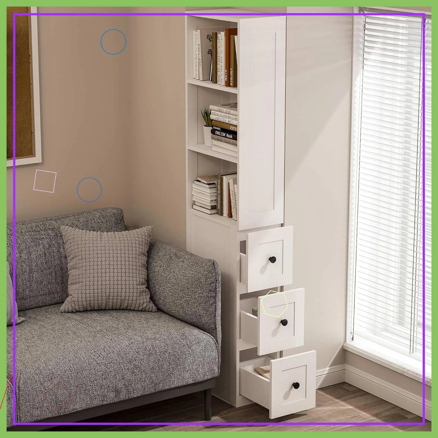 Tall Narrow Storage Cabinet with Adjustable Shelves & Drawers for Small Spaces,
