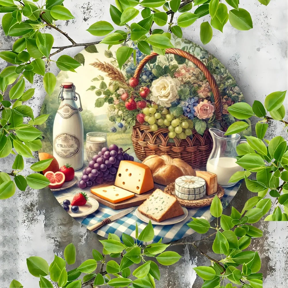 Rustic Food-Themed Decorative Wall Plate - 8x8 Inch Round Aluminum