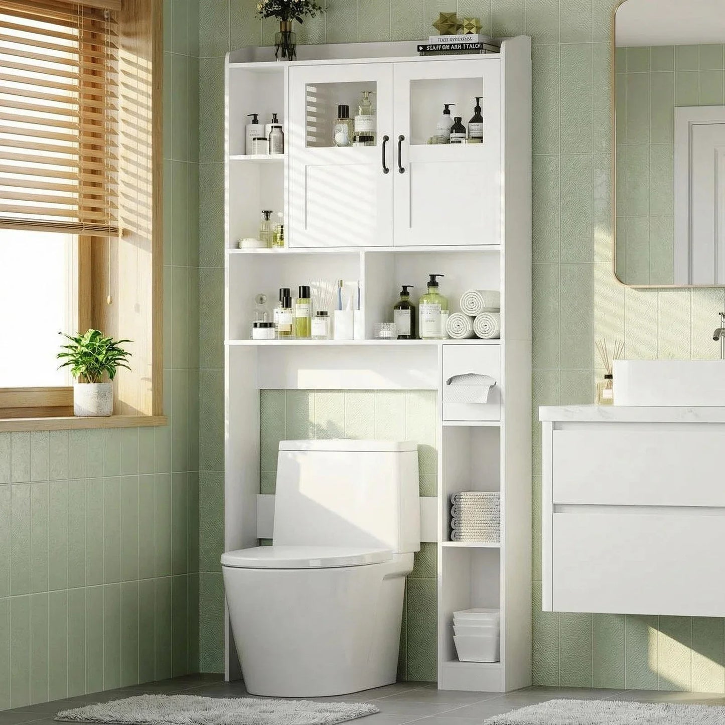 Over Toilet Storage Cabinet With Glass Door, 67.4" Adjustable Bathroom Organizer, Freestanding Cabinet