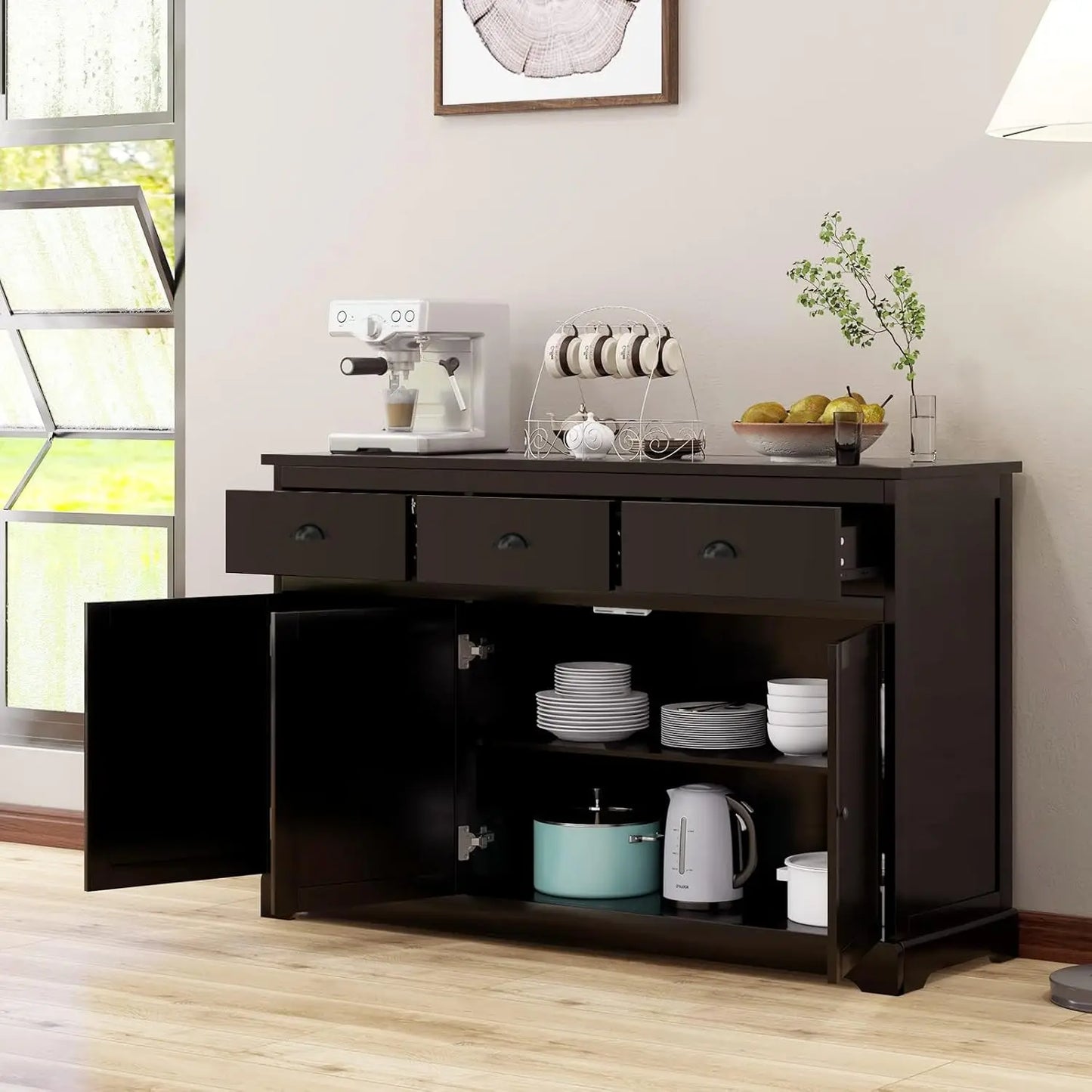 Kitchen Buffet Sideboard, Wood Storage Cabinet w/ 3 Drawers and 2 Cupboards,