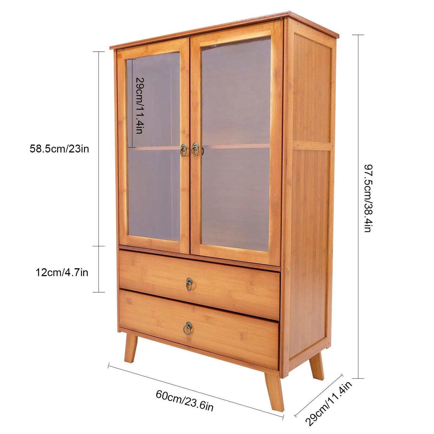 Vintage Style Kitchen Storage Cabinet, 2-Tier Bamboo Sideboard with Smooth Drawers for Kitchen and Dining Area