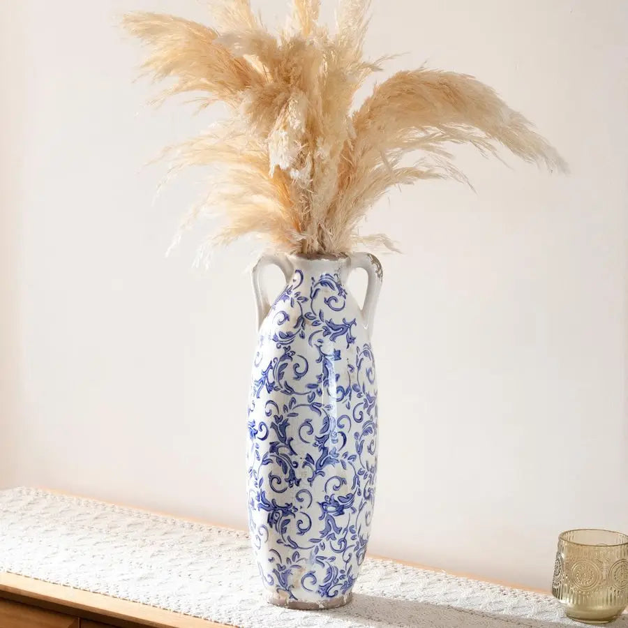 Blue and White Floor Vase for Pampas Grass,  Ceramic Farmhouse Decorative Large Vases for Flower,