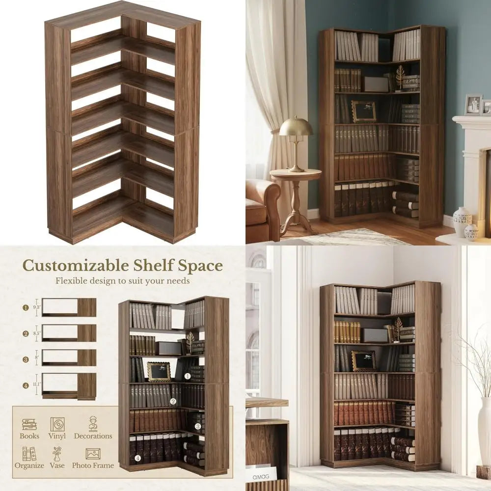 73 Inch Tall Wooden 7-Tier Corner Bookshelf  Ideal for Living Room