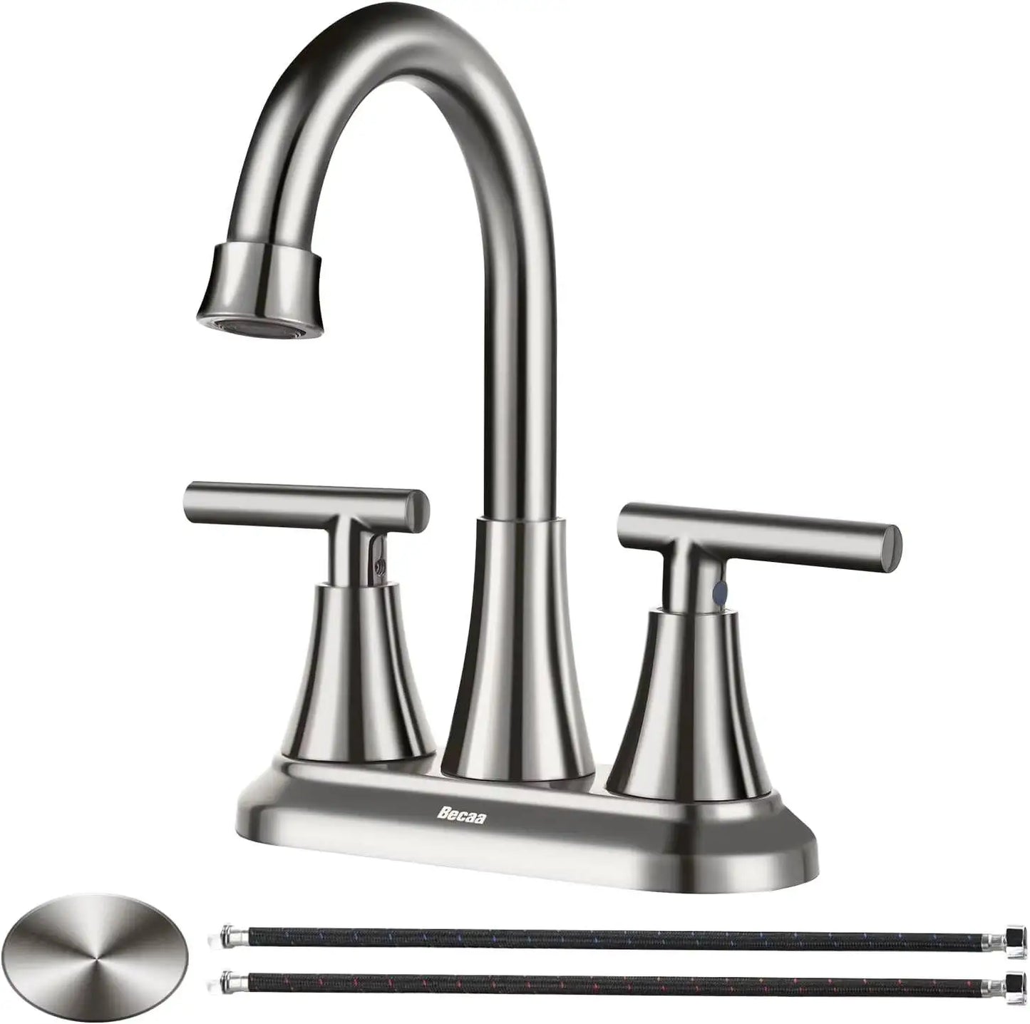 4 Inch Faucets 3 Hole, Bathroom Sink With Pop-Up Drain & Supply Hoses, 2-Handle 360 Swivel Spout Stainless Steel