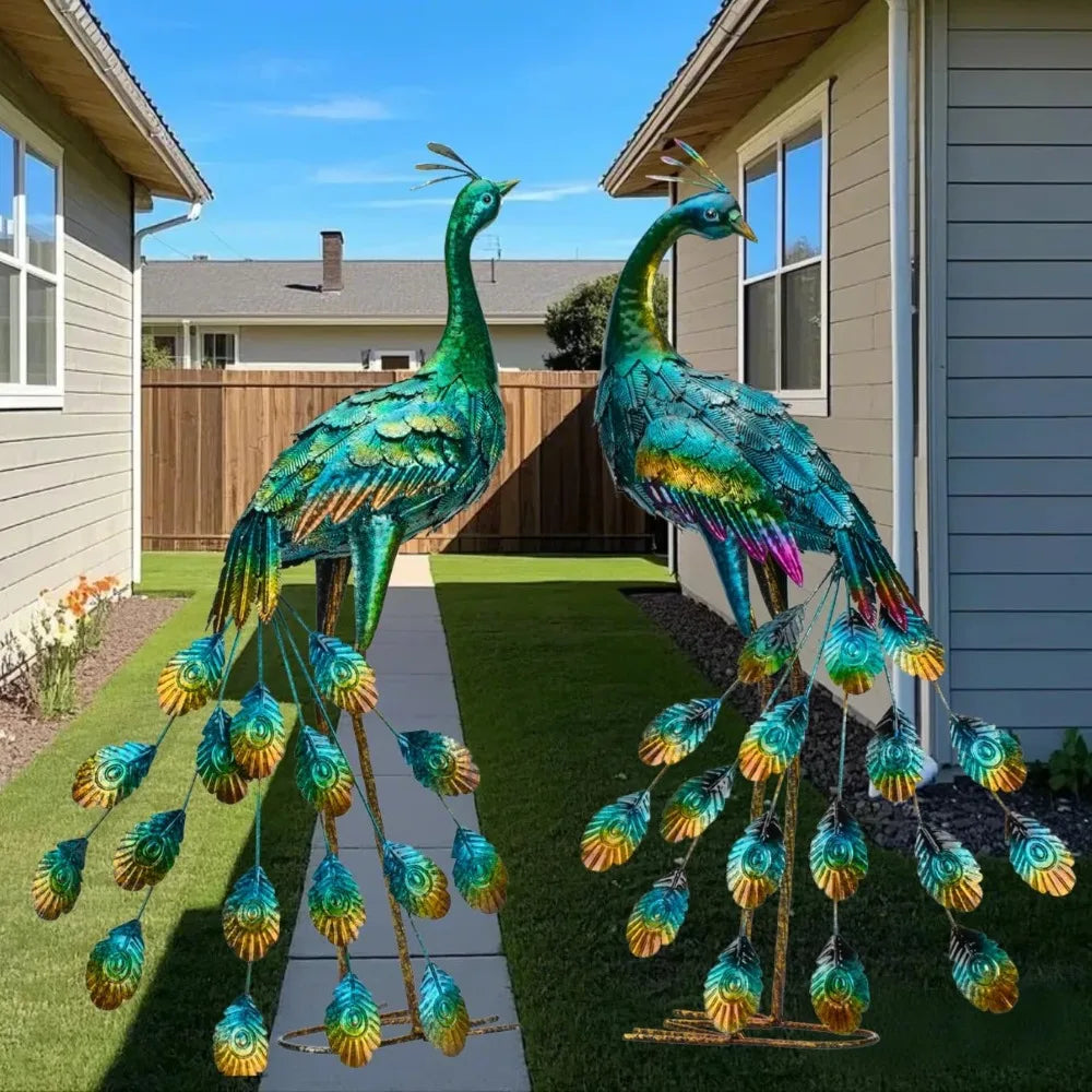 Metal Peacock Sculptures - Set of 2 Outdoor Garden Yard Art,  Hand-Painted, 30.7