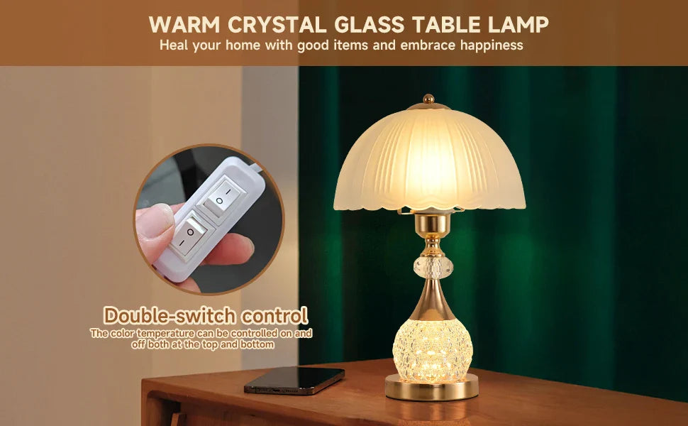 Bedside Table Lamp Petal Light Luxury Crystal Push Button Switch Bedroom Living Room Den Control Dimming Warm Atmosphere Decorat