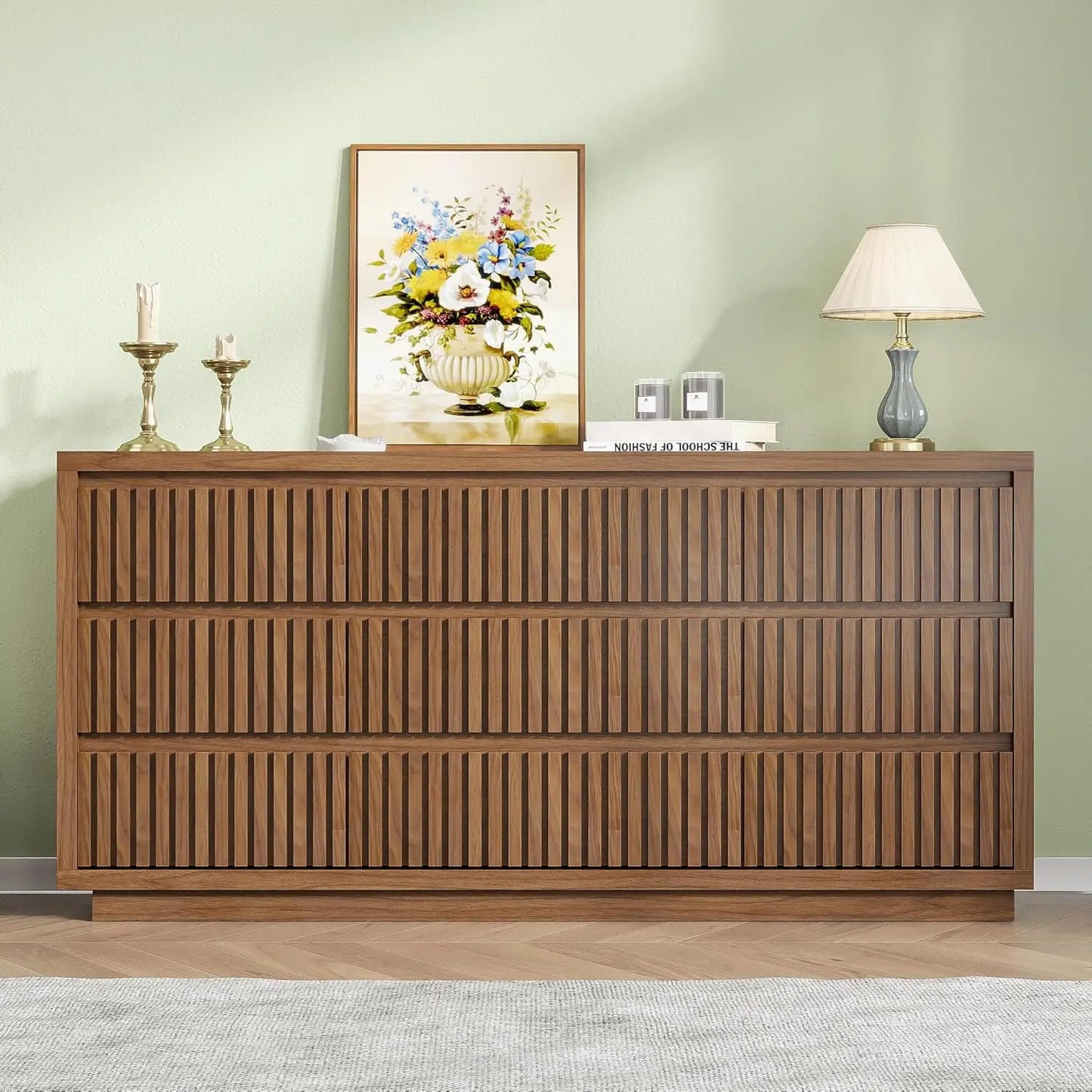 Fluted Long 9 Drawer Dresser, for Bedroom, 58" Wide Vintage Chest of Drawers