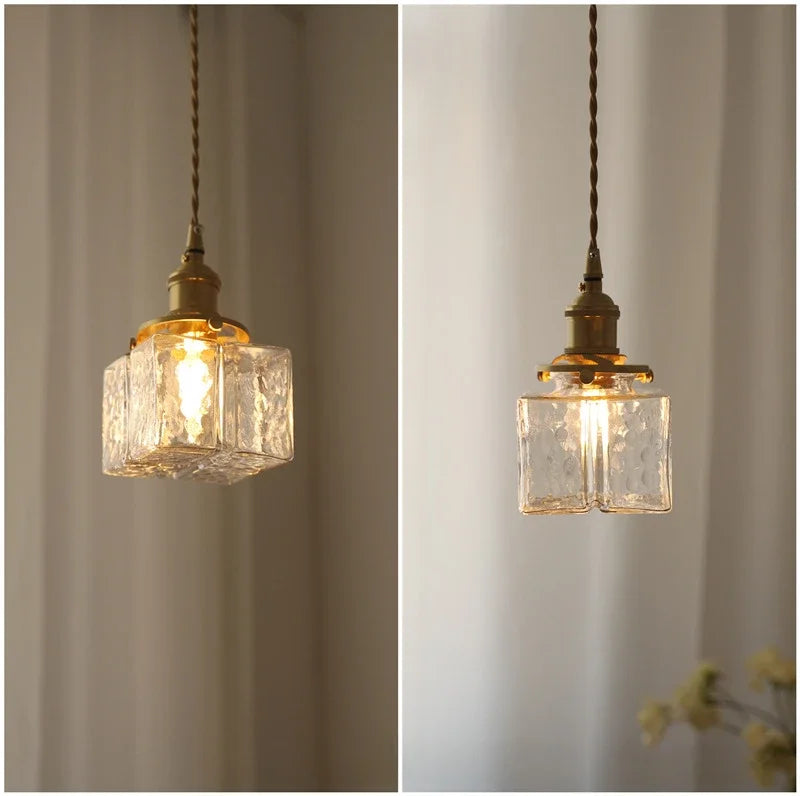 Japanese Retro Glass Pendant Light Yellow Copper Bedroom Chandelier Lightingt