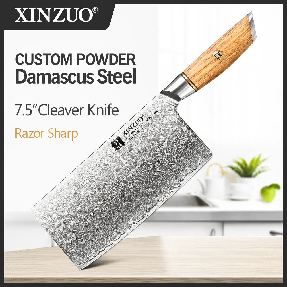 XINZUO 1-8pcs Kitchen Knife Set 73 Layers Custom Damascus Steel  with Olive Wood Handle