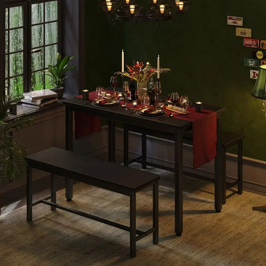 Dining Table Set for 4, 3Piece Kitchen Table with 2 Benches,