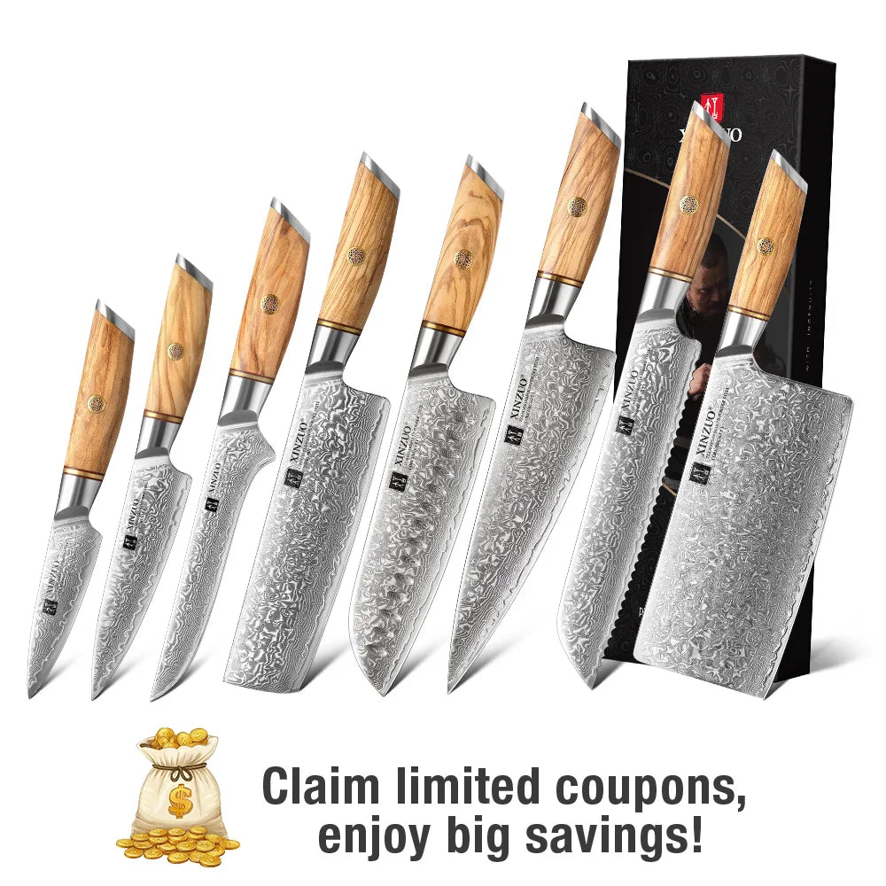 XINZUO 1-8pcs Kitchen Knife Set 73 Layers Custom Damascus Steel  with Olive Wood Handle