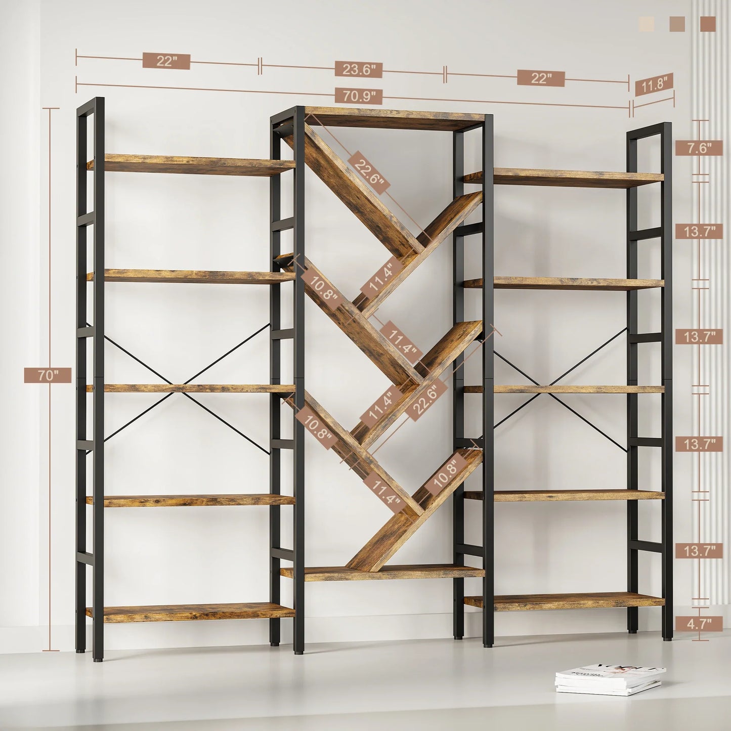 Triple 5 Tier Bookshelf, Large Wooden Bookcase with 17 Open Display Shelves Metal Frame