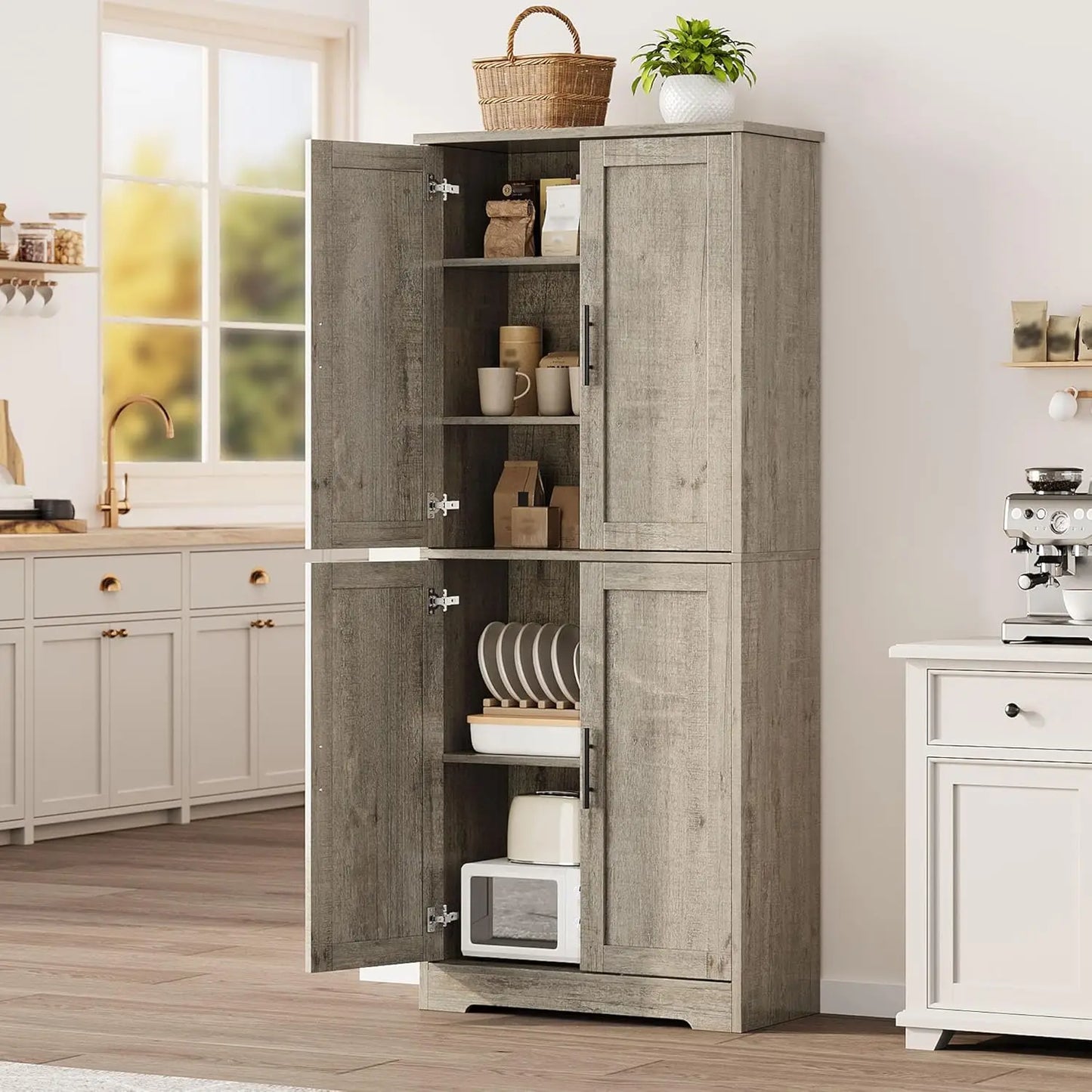 70 Inch Tall Kitchen Pantry Cabinet, Freestanding Storage Cabinet with 4 Doors and Adjustable Shelves,