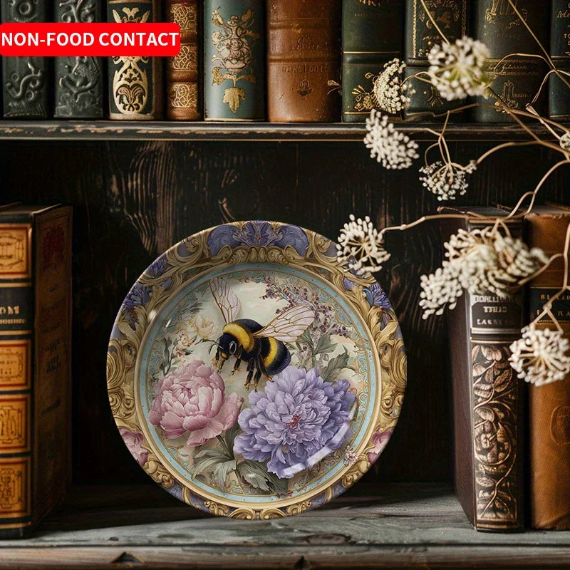 1pc Hand-Painted Bee & Floral Ceramic Plate - Round Wall-Mountable or Tabletop