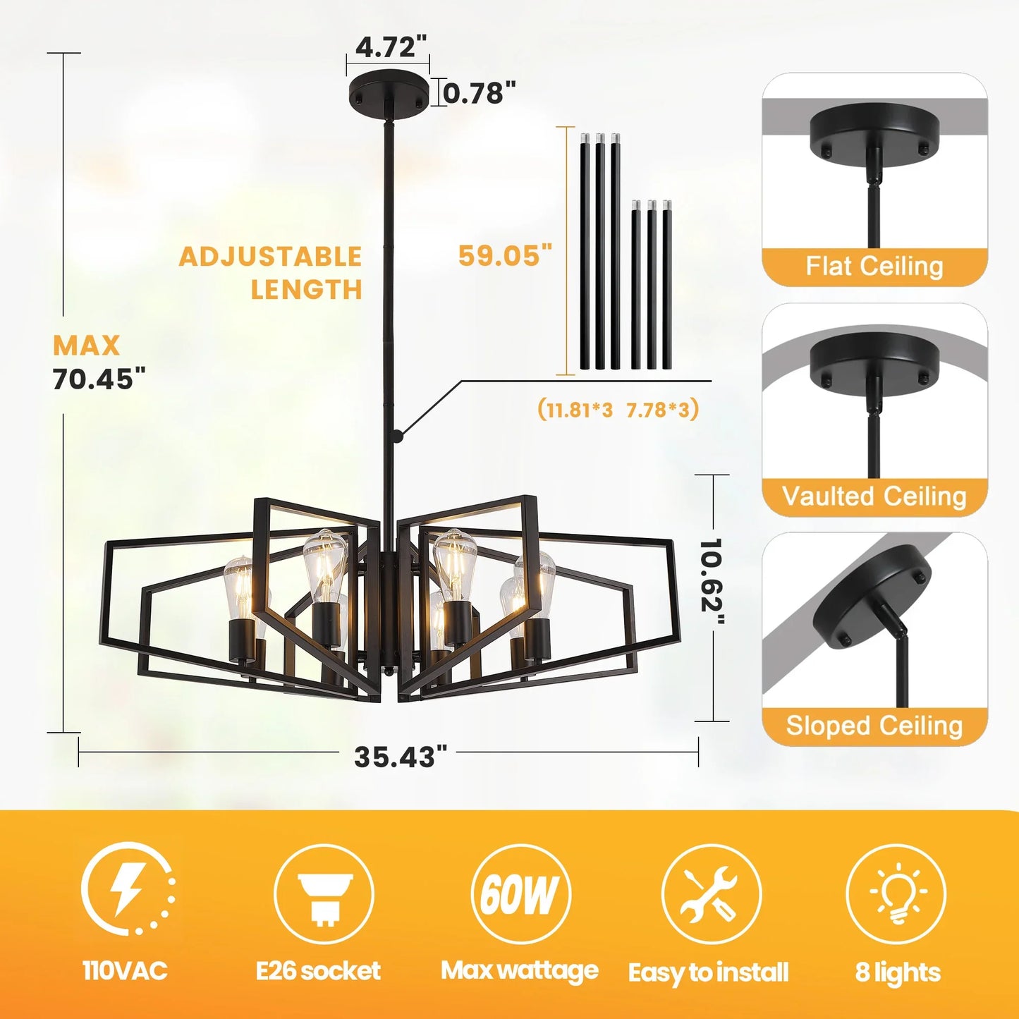 Modern 8-Light Geometric Chandelier Adjustable Height  Light with Black Frame & Golden Accents