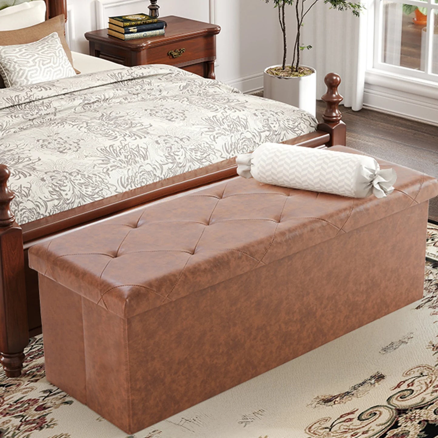 JHK 43 Inches Leather Folding Ottoman Storage Footstool For Living Room
