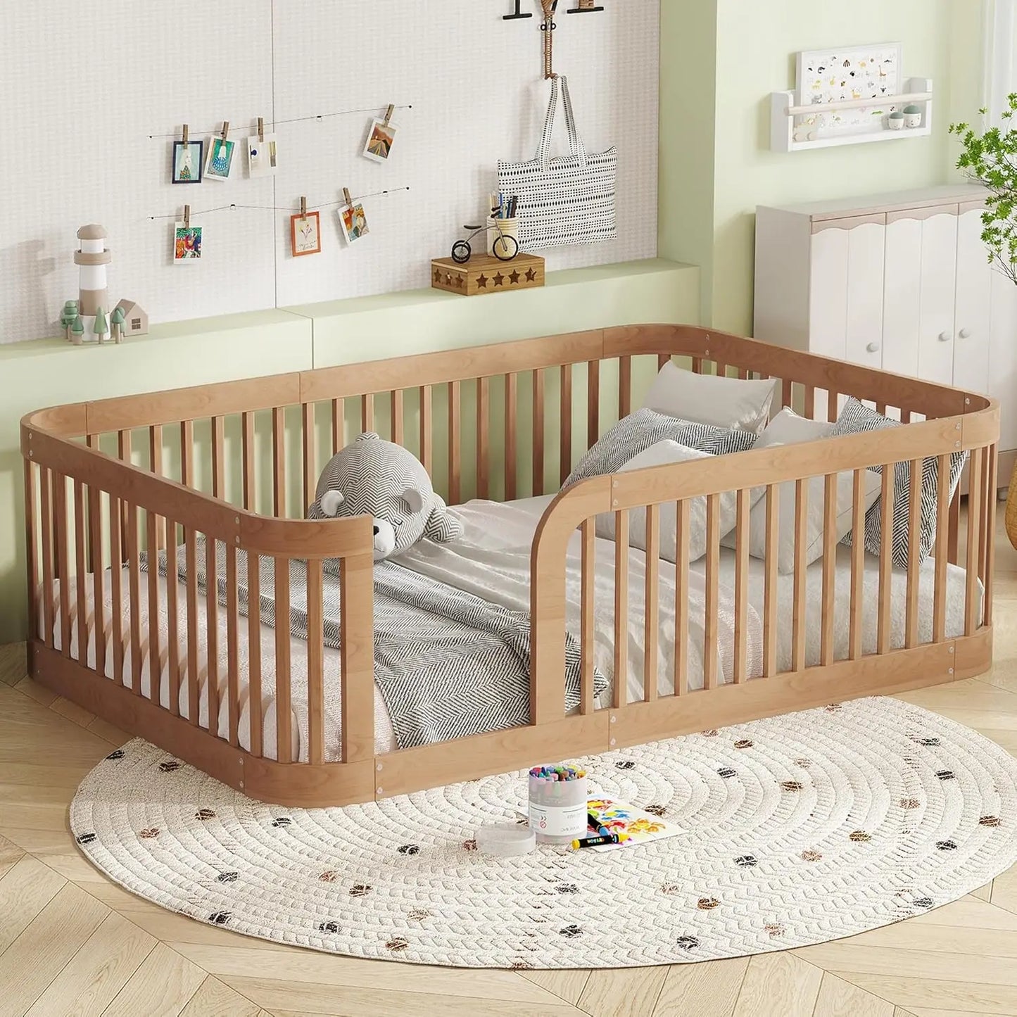 Full Size Kids Montessori Bed Frame with Stairs Bookshelf Drawers Storage Low Profile, 6 different finishes^








differeny