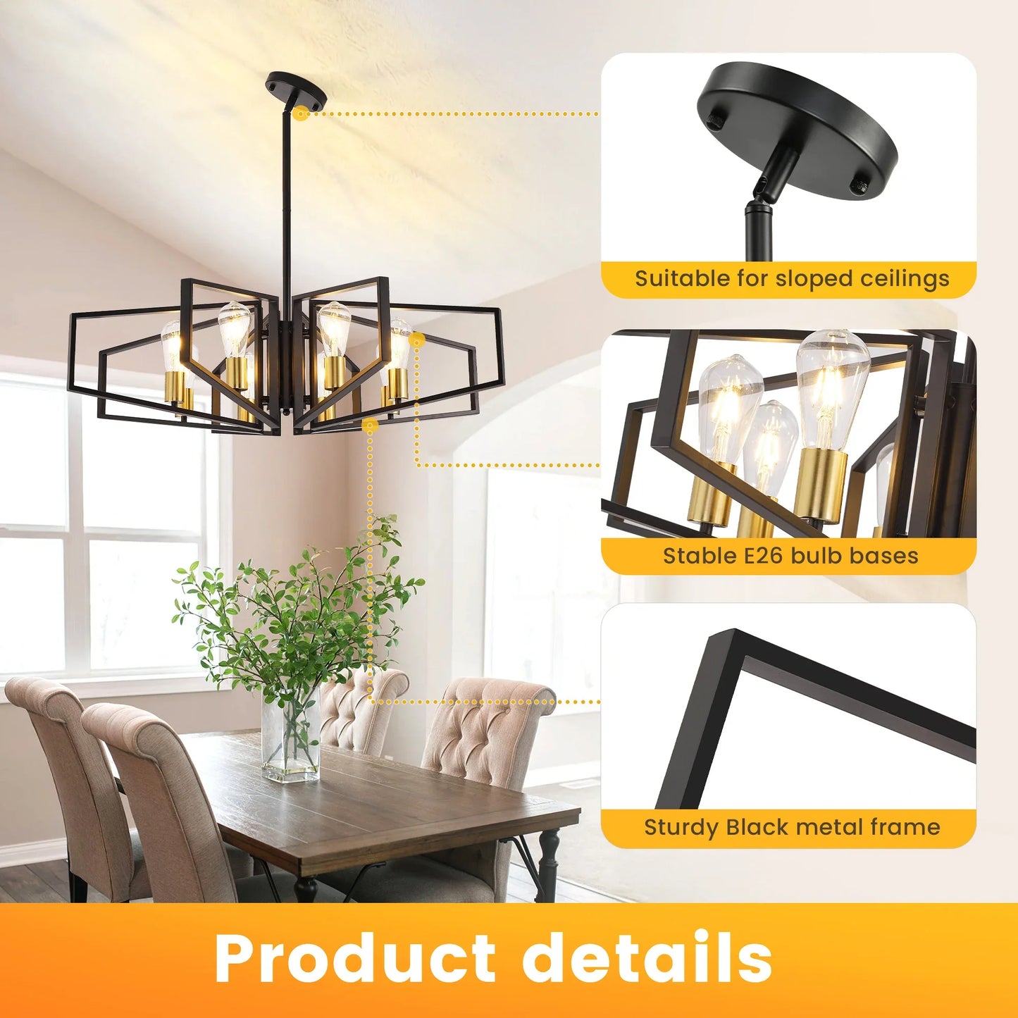 Modern 8-Light Geometric Chandelier Adjustable Height  Light with Black Frame & Golden Accents