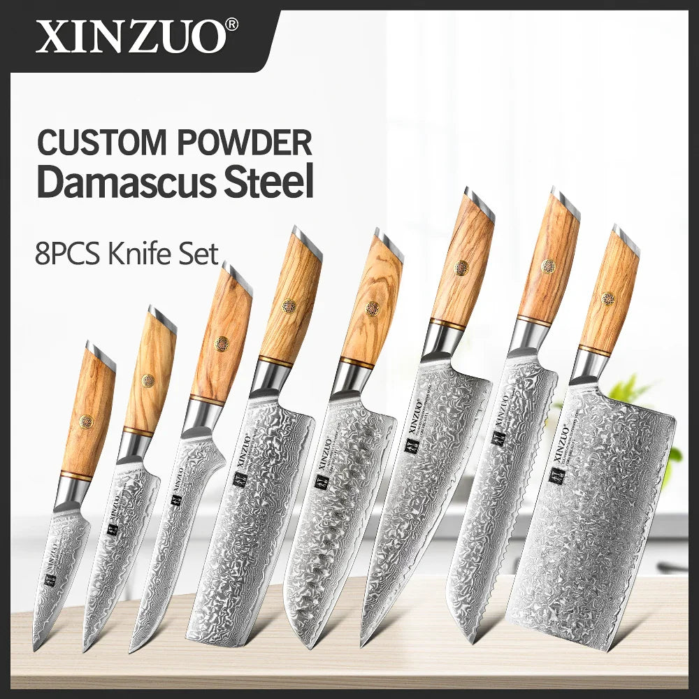 XINZUO 1-8pcs Kitchen Knife Set 73 Layers Custom Damascus Steel  with Olive Wood Handle