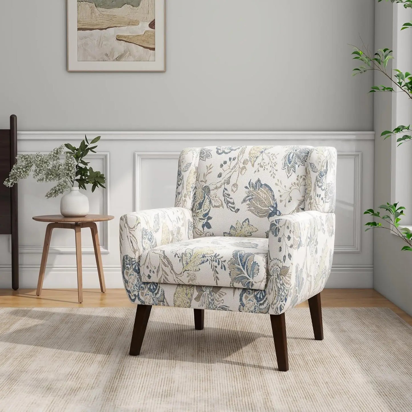 Modern Linen Accent Chair High-Resilient Sponge Comfy Reading Seat Floral Set 1,