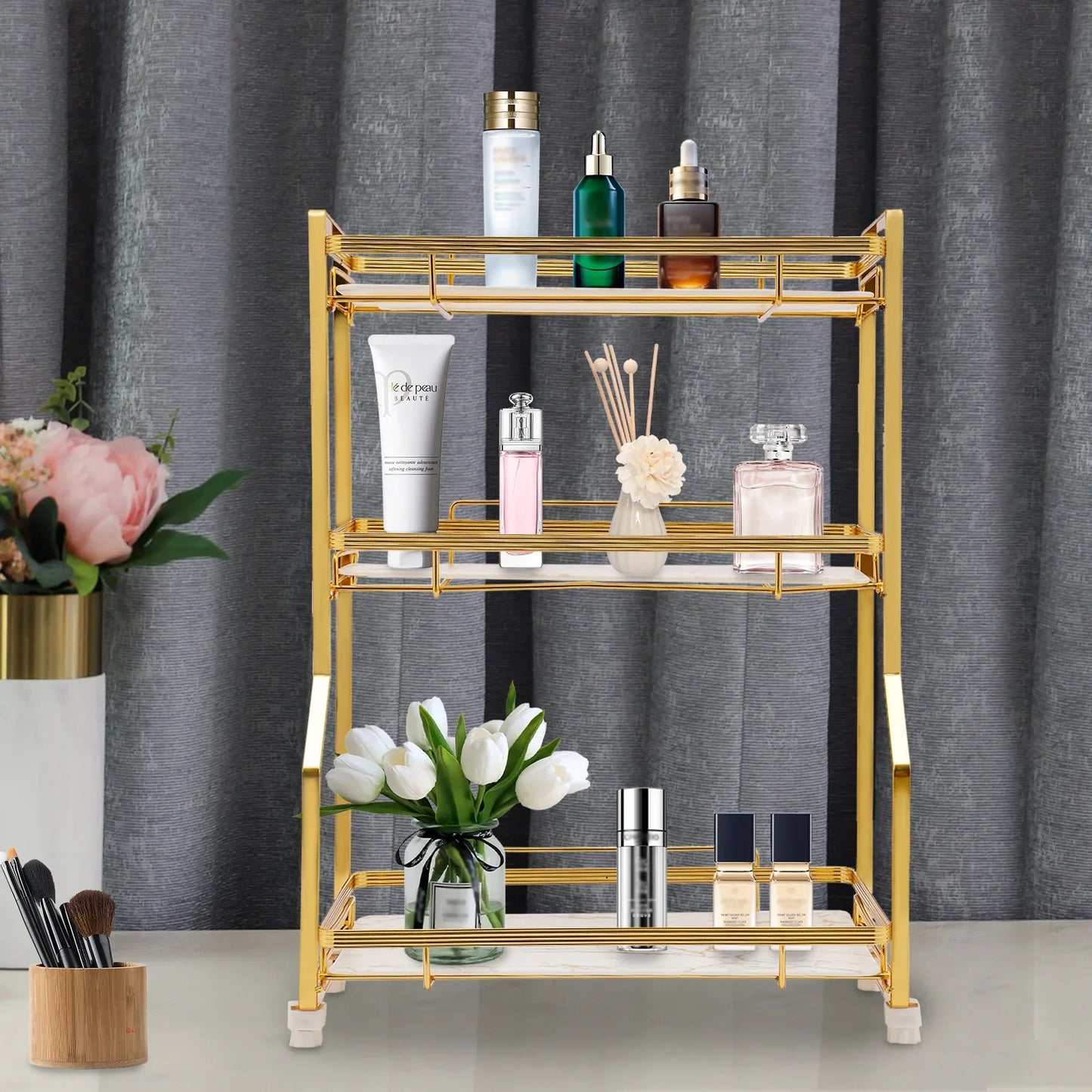 3 Tier Bathroom Countertop Organizer, with Small Storage Basket for Skincare Makeup