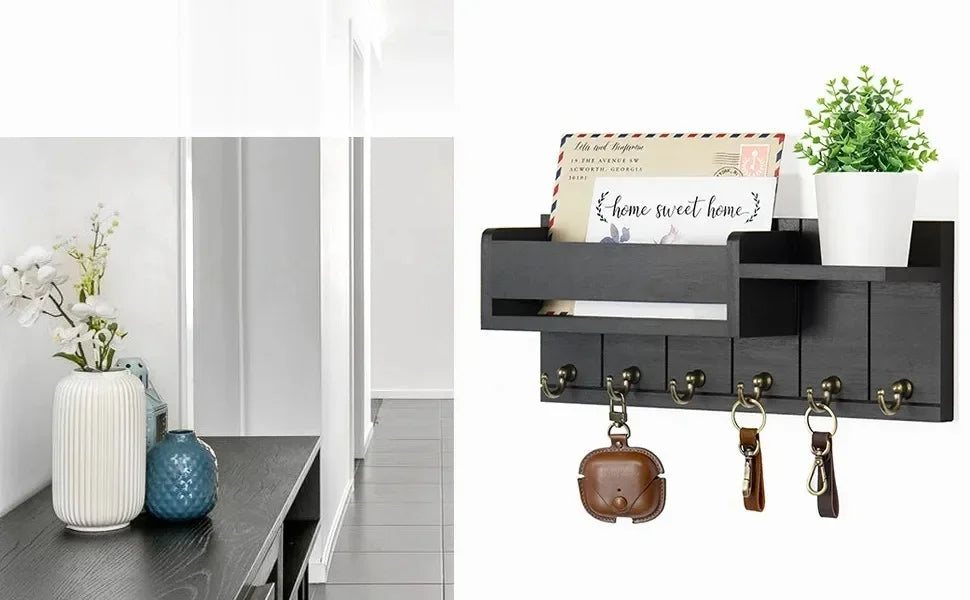 Rustic Wood Key Holder with Shelf Wall Mounted Decorative Key Rack  6 Key Hooks