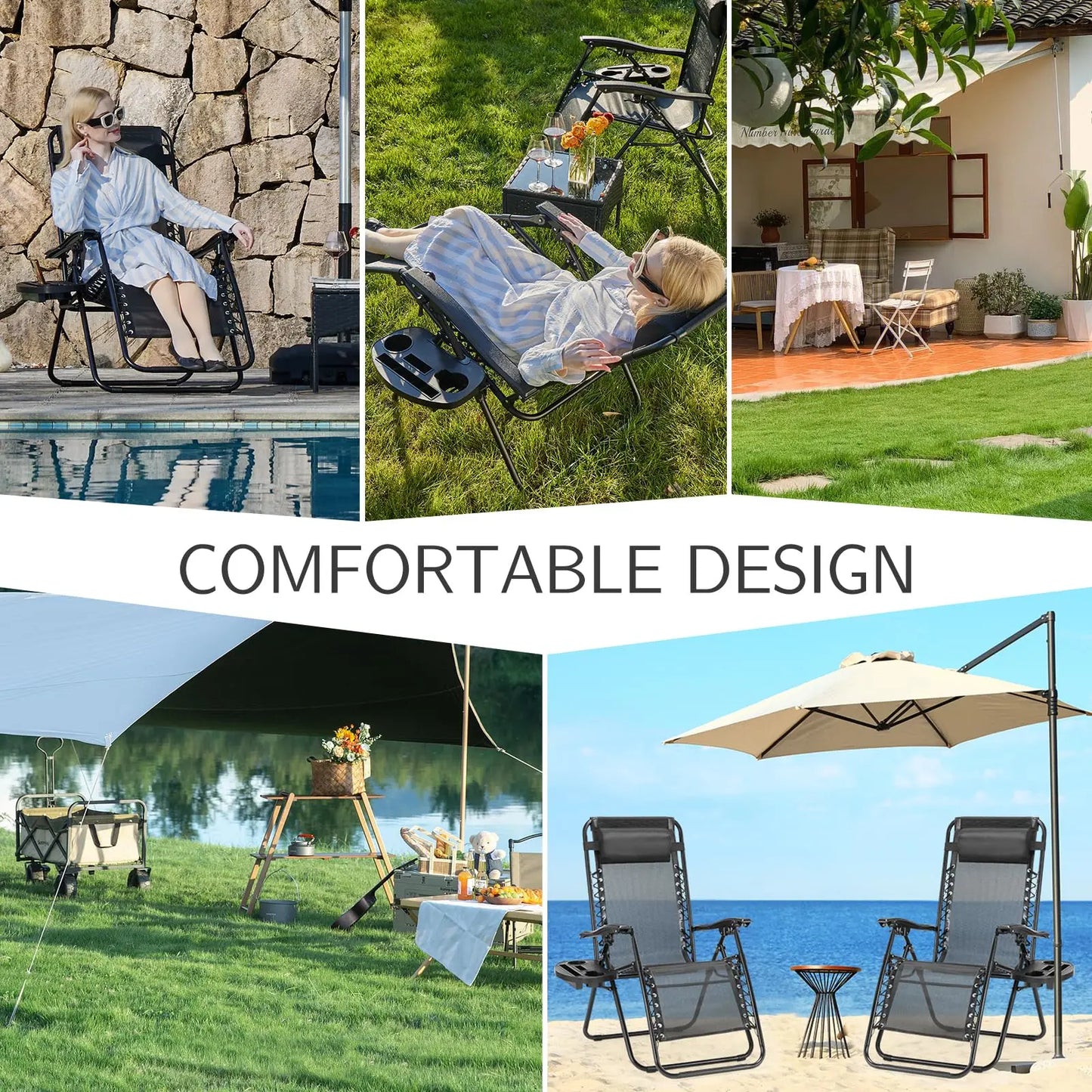 JHK Zero Gravity Set of 2 Portable Recliner  Outdoor Garden Lounge Chair with Cup Holder