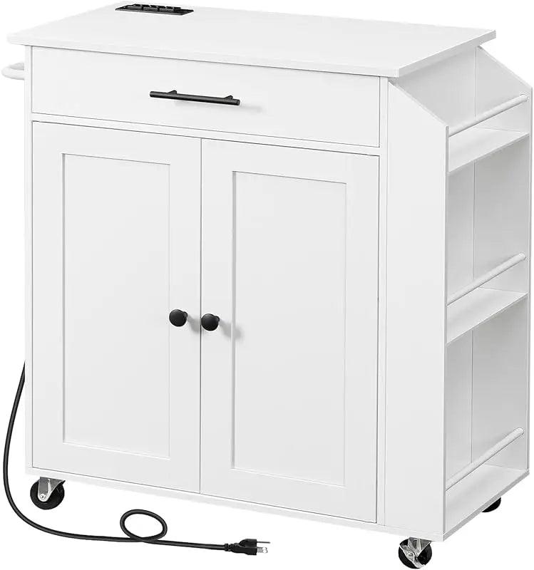 Rolling Kitchen Island with Power Outlet Spice Rack & Drawer Natural & White