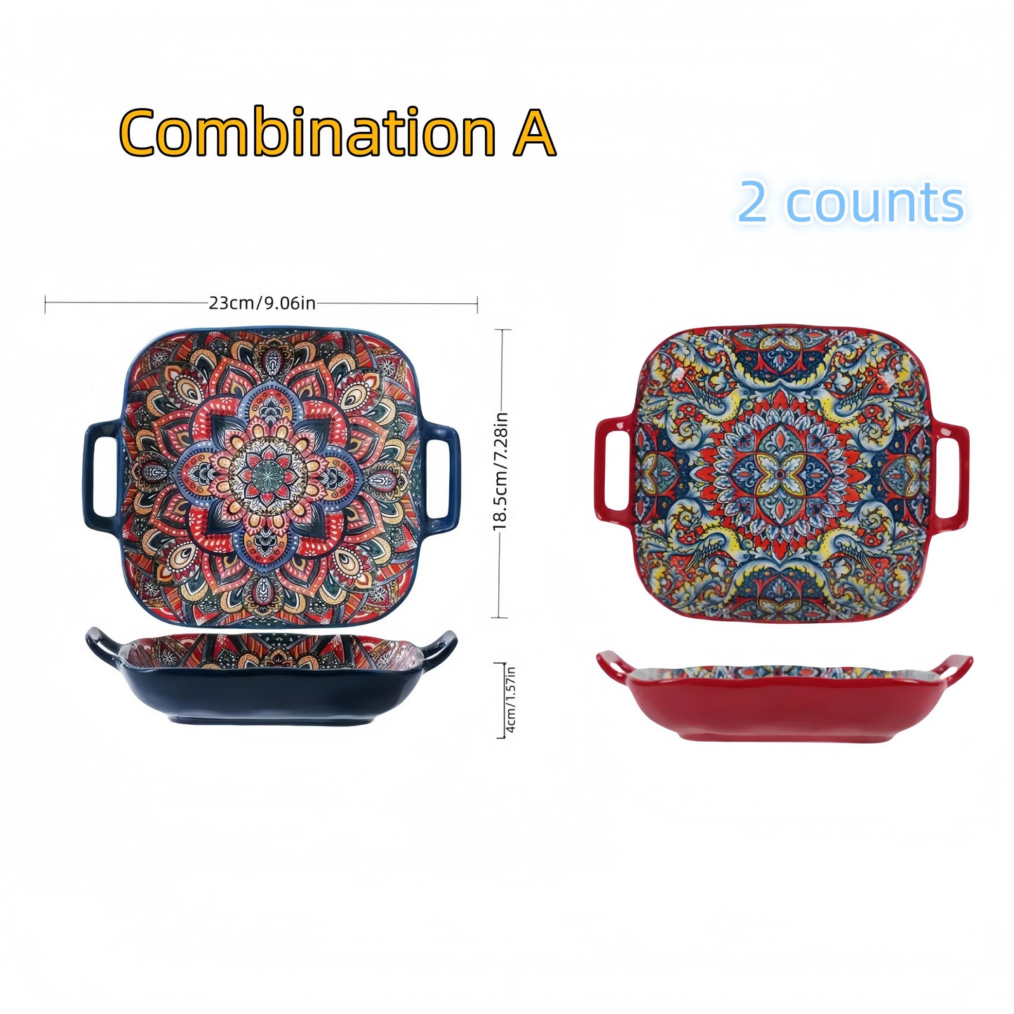 Bohemian double ear square ceramic plate