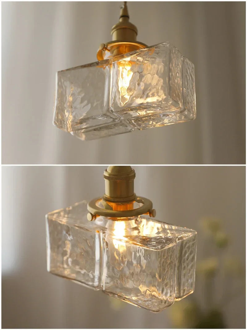 Japanese Retro Glass Pendant Light Yellow Copper Bedroom Chandelier Lightingt