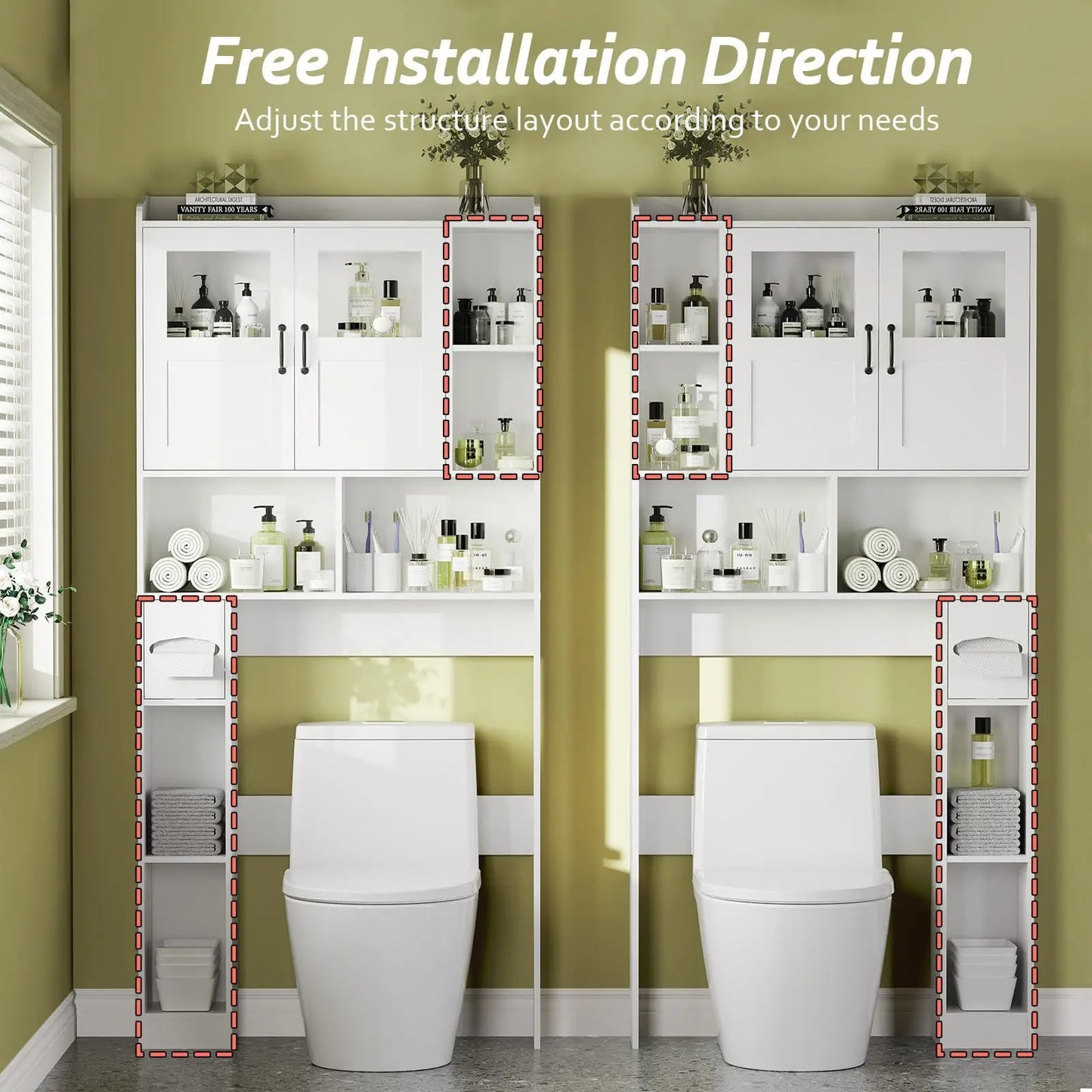 Over Toilet Storage Cabinet With Glass Door, 67.4" Adjustable Bathroom Organizer, Freestanding Cabinet