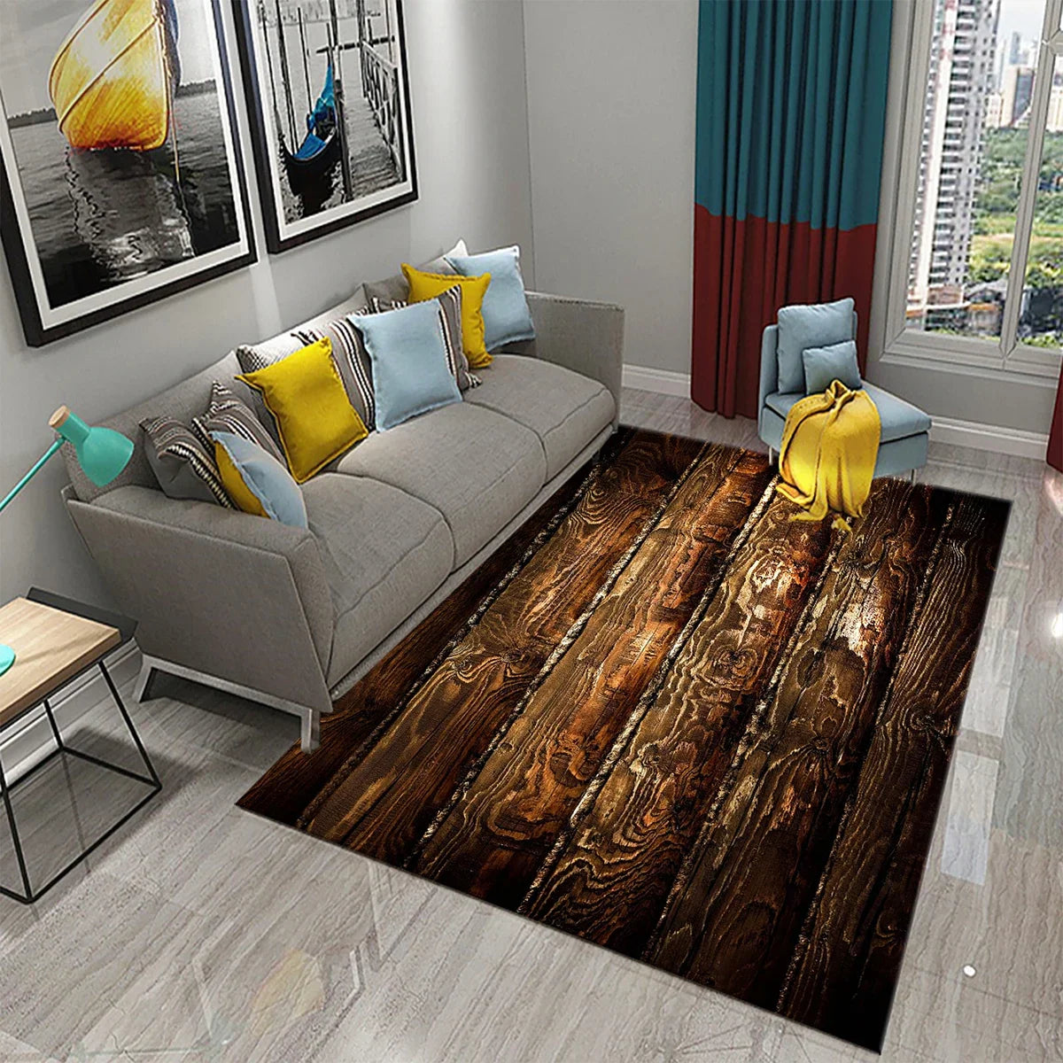 Rectangular Staggered 3d Planks Carpet Geometric Wood Grain Non-Slip Floor Rug